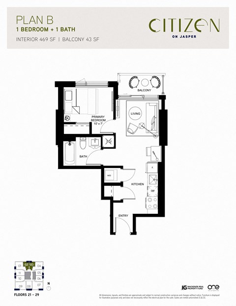 1 bed 1 bath B Floor Plan at Citizen on Jasper, Alberta, T5K 0M5